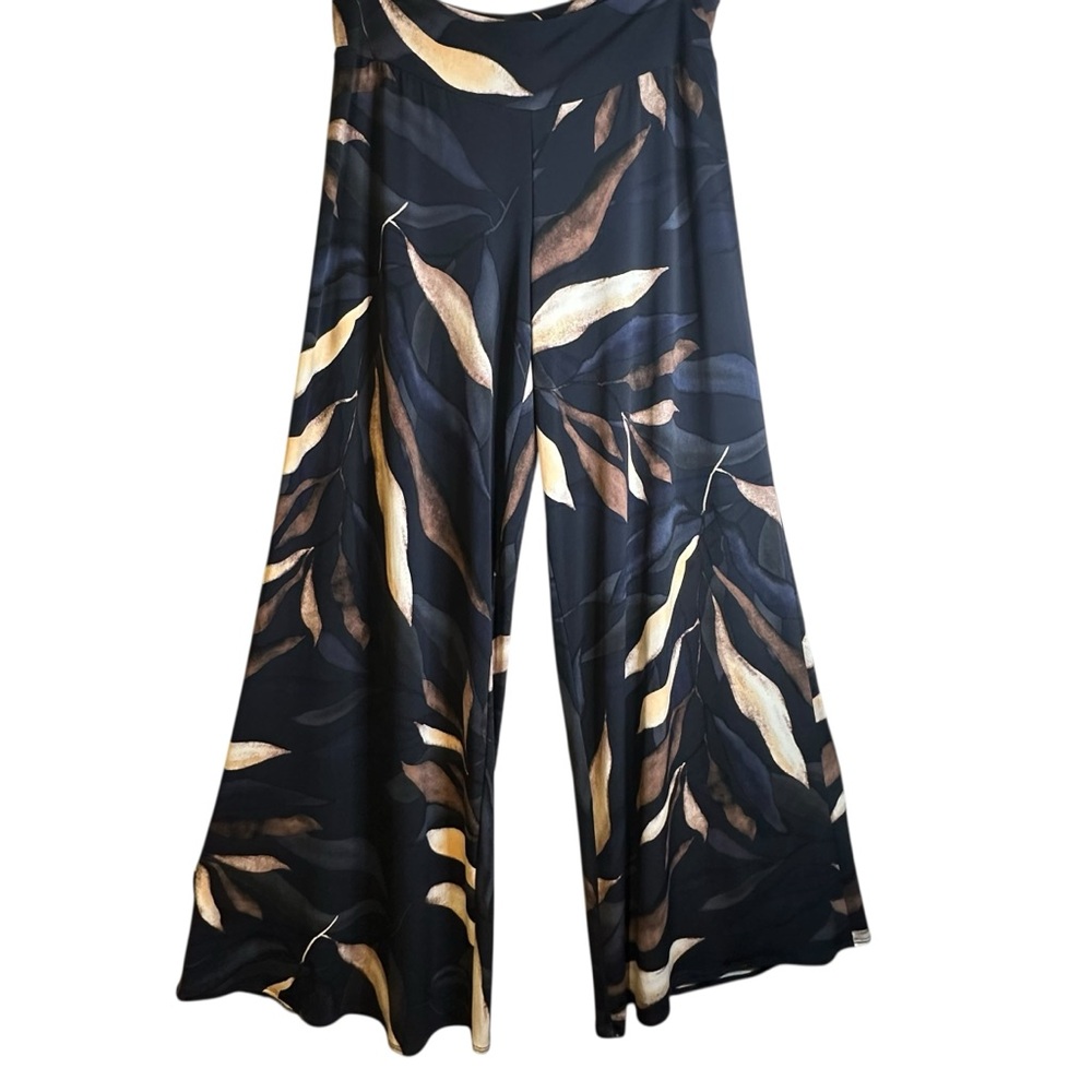 Clara Sun Woo Elegant Black Tan Cream Leaf Print Wide-Leg Pants Made in‎ USA XL